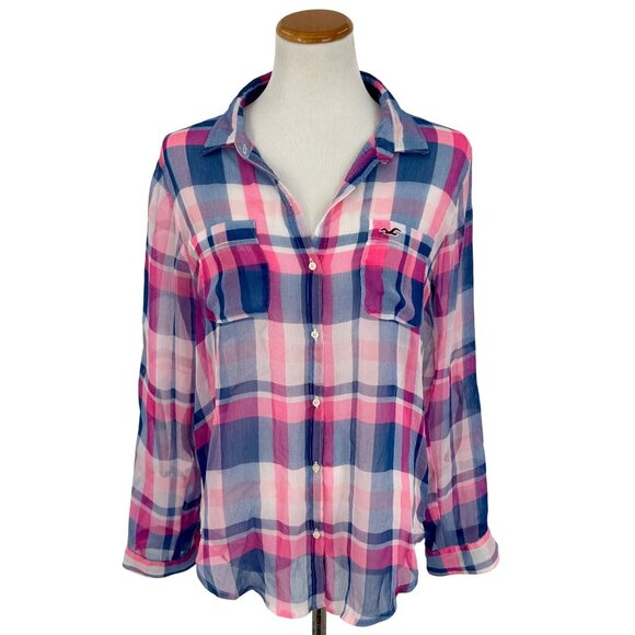 Hollister Tops - Hollister 2016 Pink & Blue Sheer Plaid Button-Up & Roll Cuffs Casual Relaxed Top
